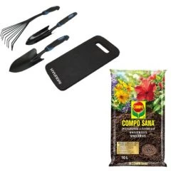 HYUNDAI Ensemble D'outils De Jardinage 4 Pièces + INCLUANT Le Terreau Compo Sana 10L - Universel - Fonctionnement Pendant 100 Jours