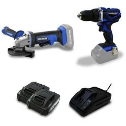 HYUNDAI Pack Sans Fil Perceuse 20 V + Meuleuse 20 V + 2 Batteries 2Ah - HPACK20V2A